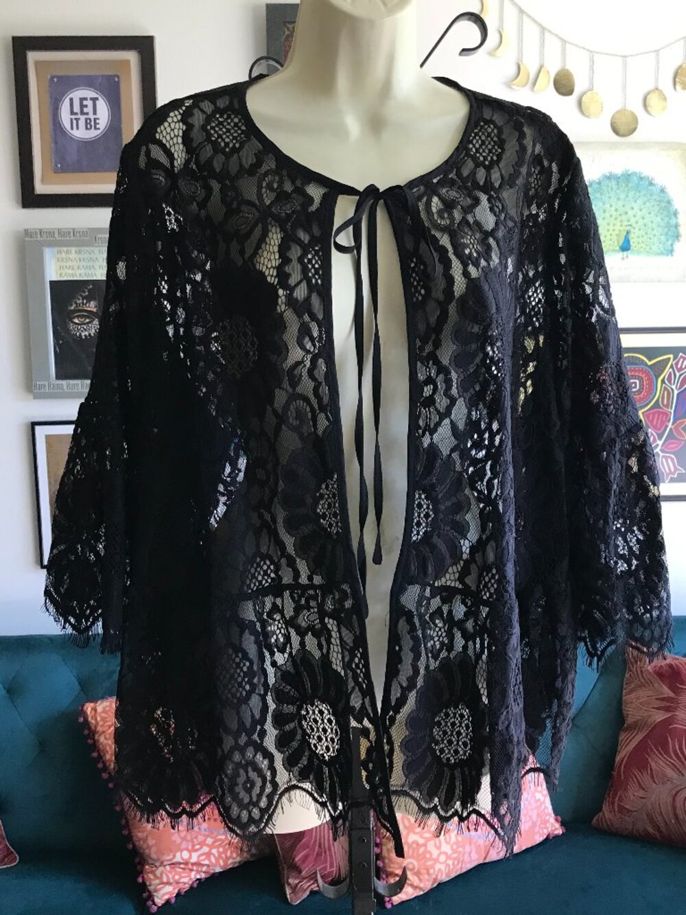KATE & MALLORY size 1X Black Bohemian Whimsigoth Witchy Lace Kimono Cardigan